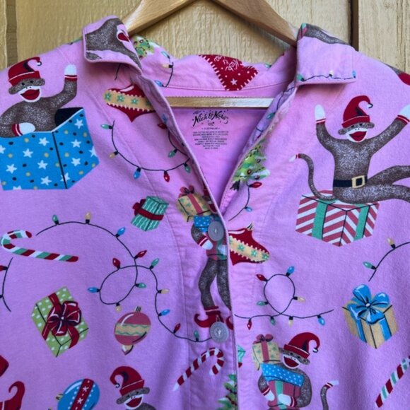 Nick and Nora Sock Monkey Pink Christmas Holiday Pajamas size XXL - Picture 3 of 9